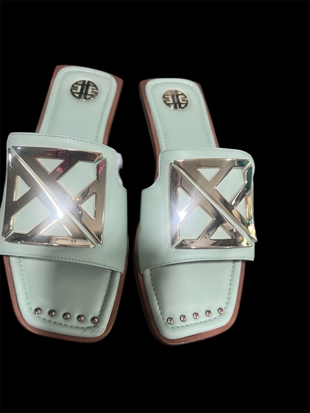 ANTONIO MELANI Mint Green Slide Mules with Silver Accents